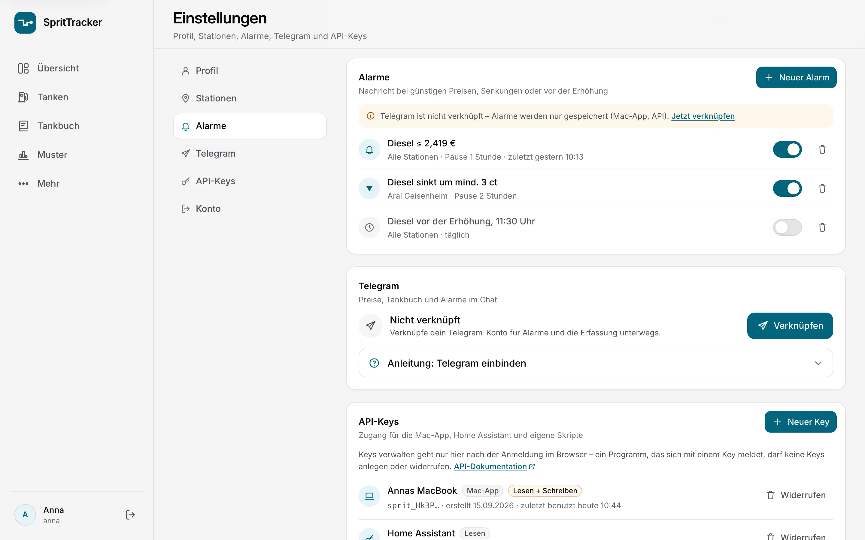 Einstellungen am Desktop: drei Preisalarme für Diesel, Telegram-Verknüpfung mit Anleitung und API-Keys für Mac-App und Home Assistant.