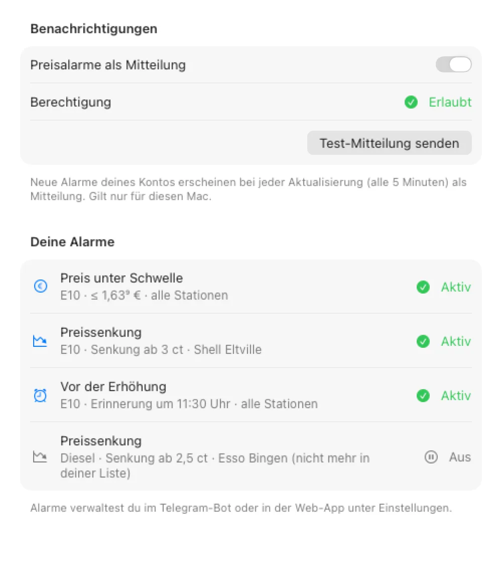 Vorschau der Mac-Einstellungen mit Beispieldaten: Preisalarme als Mitteilung eingeschaltet, Berechtigung erlaubt, Liste der Alarme mit Status.