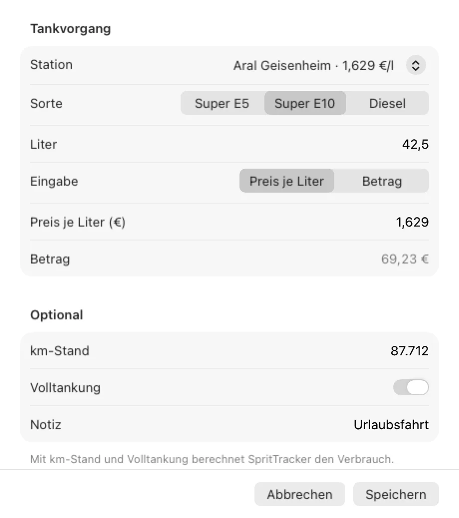 Vorschau der Schnellerfassung in der Mac-App mit Beispieldaten: Tankvorgang bei Aral Geisenheim mit Sorte, Litern, Preis je Liter, km-Stand und Notiz.