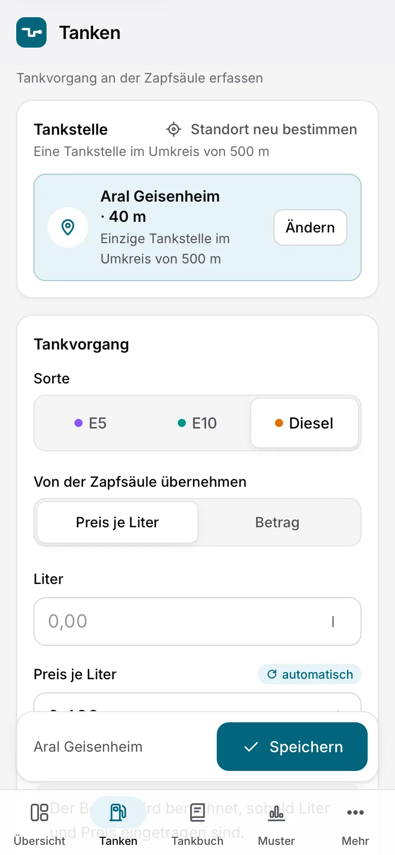 Ansicht Tanken am iPhone: Aral Geisenheim ist per Standort als einzige Tankstelle im Umkreis von 500 m vorausgewählt, Sorte Diesel, Eingabefelder für Liter und Preis.