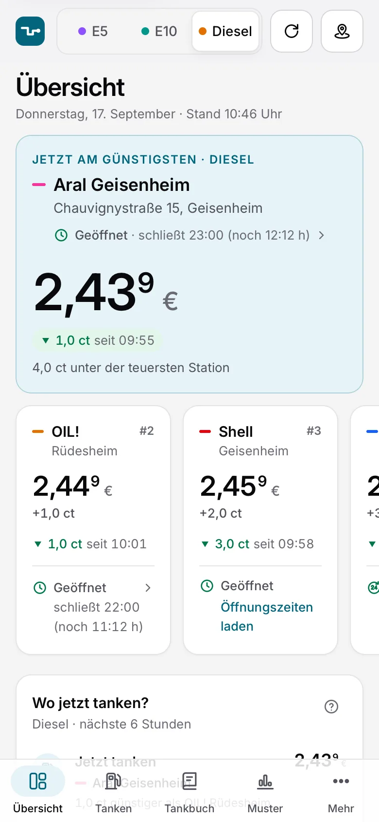 Web-App am iPhone: Übersicht mit Aral Geisenheim als günstigster Station für Diesel (2,439 €) und dem Ranking der übrigen Stationen.